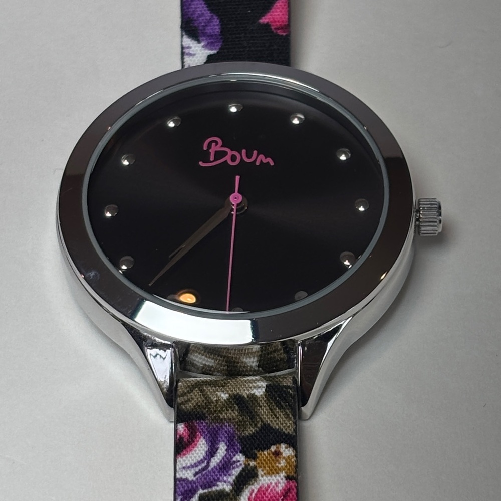 Boum Black and Floral Wrist Watch With Silver Tone Accents